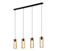 Eglo Pendant Lighting Littleton, 4 Light Vintage Hanging lamp in Industrial Design, Retro Ceiling Light Made of Black Metal and Natural Wood, E27socket, FSC Certified