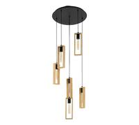 Eglo Pendant Lighting Littleton, 6 Light Vintage Cluster Hanging lamp in Industrial Design, Retro Ceiling Light Made of Black Metal and Natural Wood, E27socket, FSC Certified