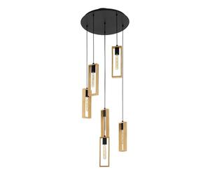 Eglo Pendant Lighting Littleton, 6 Light Vintage Cluster Hanging lamp in Industrial Design, Retro Ceiling Light Made of Black Metal and Natural Wood, E27socket, FSC Certified