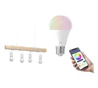 Eglo Pendellampe Townshend, Vintage Pendelleuchte im Industrial Design INKL. 4 E27 Smart Home Connect.z RGB Leuchtmittel, dimmbare Hängelampe aus Stahl und Holz, Weiß, Braun