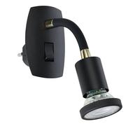 Eglo Plug Lamp Parrini, Socket Light with Switch, Swivel Spotlight and Flexible arm, Metal Plastic in Black Brass, Warm White
