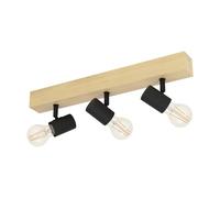 Eglo Townshend 3 Ceiling Light, 3-Flame Vintage Spotlight with an Industrial Design, Retro Lighting Made of Steel and Wood, Colour: Black, Brown, Socket: E27