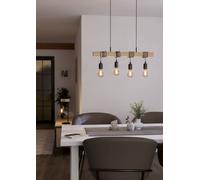 Eglo Pendant Lighting Townshend | 4 light vintage hanging lamp in industrial design, retro ceiling light, black metal and natural wood, FSC certified, E27