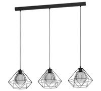 EGLO Vernham Pendant Light, 3-Bulb Pendant Lamp, Vintage, Industrial, Retro, Pendant Light Made of Steel and Smoked Glass, Black, Dining Table Lamp