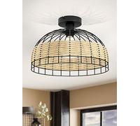 Eglo Rattan And Black Steel Flush Ceiling, Black