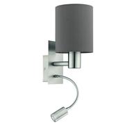 Eglo Wall Lamp Bed Pasteri | textile wall light bedroom with LED reading light, wall-mounted metal lamp in silver with anthracite brown fabric, E27 socket