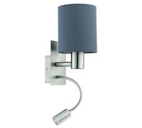 Eglo Wall Lamp Bed Pasteri, Textile wall Light for Bedroom with LED Reading Light, wall-Mounted Metal lamp in Silver and Grey Fabric, E27 Socket
