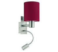 Eglo Wall Lamp Bed Pasteri, Textile Wall Light for Bedroom with LED Reading Light, Wall-Mounted Metal in Silver and Fabric in Wine red-Brown, E27 Socket