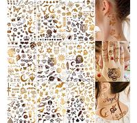 EGMBGM 9 Large Sheets 188+ PCS Flash Gold Temporary Tattoos For Women Kids Girls Adults, Halloween Golden Animals Tiger Lion Fake Metallic Tattoo Stickers, Gadgets Bohemia Glitter Moon Fake Tattoos