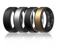 Egnaro Silicone Rings for Men - Multipack Breathable Mens Silicone Rubber Wedding Rings Bands - Step Edge, SETA-Black, Dark Silver, Bronze
