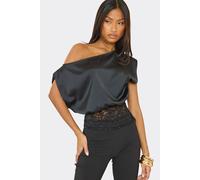 EGO Women's Strappy Off-The Shoulder Lace Trim Satin Top in Black | Size: 8 EGO Black 8
