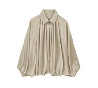 EGOCKAL Womens Satin Puffed Bomber Jacket Oversized Batwing Sleeve Lapel Collar Pleated Zip Up Outerwear Shirts, Khaki, L