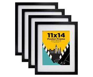 EGOFINE 14x11 Picture Frames,100% Solid Wood Frames with 10x8 Mat,14x11 Photo Frames with Acrylic Glass,35.6x27.9cm Poster Frame for Tabletop and Wall Mounting,Black,4 Pack