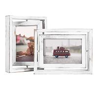 EGOFINE 2 Pack 6x4 Rotating Floating Picture Frames,Double-Sided Display with HD Glass Front Wooden Distressed Frame for Vertical or Horizontal Tabletop Display, White