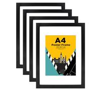 EGOFINE A4 Frames,Solid Wood A4 Picture Frame with A5 Mat, 21x 29.7 Poster Frames with Plexiglass, 21cm x 29.7cm Certificate Frame for Table Top and Wall Mounting,Set of 4, Black