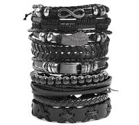 EGOINA Punk Leather Bracelet for Men: Black 9pcs Braided Cuff Bracelet with Wooden Beads & Skull Metal, 7-8 Inch Adjustable Wristband