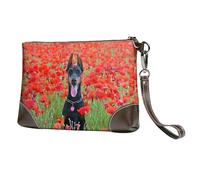 EgoMed Doberman Pinscher in The Flower,Wristlet Bags PU Leather Clutch Womens Zip Purse Wallet Handbag with Wrist Strap