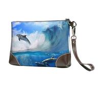EgoMed Four Dolphins in The Sea of Whales,Wristlet Bags PU Leather Clutch Womens Zip Purse Wallet Handbag with Wrist Strap
