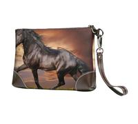 EgoMed Horse Running On The Grassland,Wristlet Bags PU Leather Clutch Womens Zip Purse Wallet Handbag with Wrist Strap