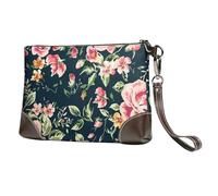 EgoMed Pink Roses Peonies Green Leaves,Wristlet Bags PU Leather Clutch Womens Zip Purse Wallet Handbag with Wrist Strap