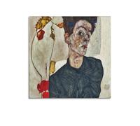 Egon Schiele Works (Self-Portrait with Chinese Lantern Plant) Traditional Artist Artwork Printed Wall Hanging Canvas Poster 16x16inch(40x40cm)