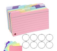 EGOSKY Tabbed Index Cards, 300PCS Coloured Flash Cards with 8 Binder Rings, Ruled Revision Cards Cue Flashcards for Learning Note Taking to Do List