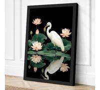 Egret Among Lotus Japandi Canvas Wall Art Print 30x20 Inch | Black
