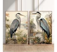 Egret Canvas Wall Art Heron Bird White Egret Painting Blue Heron Print Audubon Great Blue Heron art Animal Posters Blue Heron Prints Wall Art Set of 2 Modern Living Room Decor 16x24inx2pcs No Frame