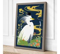 Egret in Golden Winds Japandi Canvas Wall Art Print 18x12 Inch (46 x 30 cm)