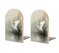 Egret Spreading Wings Above Water Wooden Bookends Shelves 2 PCS Sturdy Book Holders Desktop Organizer for Home Office Libraries