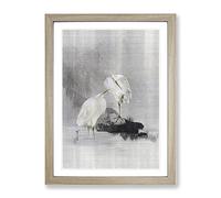 Egrets At The Waters Edge By Watanabe Seitei Asian Japanese Framed Print | A4 Oak Framed Wall Art | Ready to Hang | Asian Nature Picture | Living Room Bedroom Lounge Office