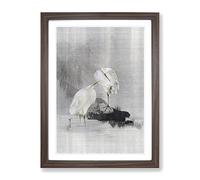 Egrets At The Waters Edge By Watanabe Seitei Asian Japanese Framed Print | A4 Walnut Framed Wall Art | Ready to Hang | Asian Nature Picture | Living Room Bedroom Lounge Office
