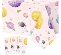 EGuangwiua 3Pcs Pink Watercolor Outer Space Plastic Tablecloth Party Decoration Galaxy Pink Waterproof Disposable Rectangle Table Cover for Kids Gender Reveal Birthday Christmas Party Decor Supplies