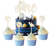 EGuangwiua Outer Space Cake Toppers - 5pcs Rocket 1st Birthday Wood ONE Cake Topper Wooden Star Planet Cupcake Outer Space DIY Cake wrapping Decor Kids 1st Birthday Party Baby Shower photo booth props