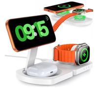 EGV Wireless Charger for iPhone, 3-in-1 Magnetic Charging Station for Apple, MagSafe Charger Stand for iPhone 17 Air 16 15 14 13 12 Series, Airpods Pro, Apple Watch Ultra, Foldable, No Adapter, White