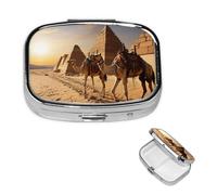 Egypt Camels Pill Box 2 Compartment Square Portable Pill Case for Pocket or Purse Small Weekly Medicine Planner Travel Pillbox with Mirror Decorative Metal Vitamin Holder Gifts