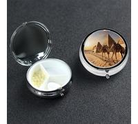 Egypt Camels Pill Box 3 Compartment Round Portable Pill Case for Pocket or Purse Small Weekly Medicine Planner Travel Pillbox with Mirror Decorative Metal Vitamin Holder Gifts