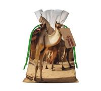 Egypt Camels Printed Christmas Drawstring Bags,S Reusable Xmas Gift Storage Bags, Green Christmas Ribbon