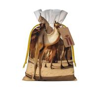 Egypt Camels Printed Christmas Drawstring Bags,S Reusable Xmas Gift Storage Bags, Yellow Ribbon
