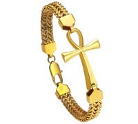Egyptian Ankh Cross Bracelet for Men: Double Row Braided Franco Chain Bracelet Key of Life Stainless Steel Mens Bracelet Protection Amulet Jewelry Gift