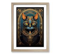 Egyptian Cat Nouveau Framed Print | A2 Oak Framed Wall Art | Ready to Hang | Modern Animal Picture | Living Room Bedroom Lounge Office