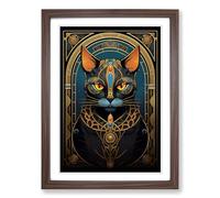 Egyptian Cat Nouveau Framed Print | A2 Walnut Framed Wall Art | Ready to Hang | Modern Animal Picture | Living Room Bedroom Lounge Office