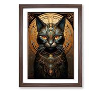 Egyptian Cat Nouveau No.3 Framed Print | A2 Walnut Framed Wall Art | Ready to Hang | Modern Animal Picture | Living Room Bedroom Lounge Office