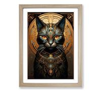 Egyptian Cat Nouveau No.3 Framed Wall Art Print, Ready to Hang Picture for Living Room Bedroom Home Office, Oak A2 (48 x 66 cm)