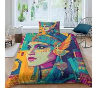 Egyptian Goddess Oil Painting Art Style Duvet Cover 3D Print Microfibre Bedding Sets, 3 Piece Printed Quilt Covers With Pillow Cases,Ancient Egyptian Symbols Comforter Cover for Kids Adult Single(135x