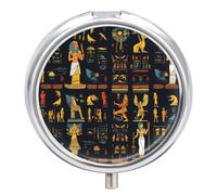 Egyptian Hieroglyphs Pharaohs Pattern Pill Box Cute Metal Round Pill Case with 3 Compartments and Mirror for Vitamin Fish Oils