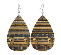 Egyptian Pharaonic Frescoes Women's Teardrop Leather Earrings, Hook 925 Silver Plated, Holiday Accessories