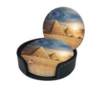 Egyptian Pyramid In Desert Print Chic Round Leather Coasters â€“ Set Of 6 Full-Print Coasters In A Premium Pu Leather Storage Box