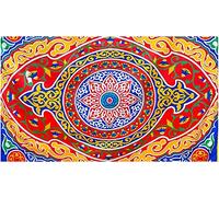 Egyptian Ramadan Eid Celebration Colorful Red Printed with Yellow Fringes Khayamiya Khayameya khyamya Khayyāmiyah Pattern Linen Tablecloth Dining Room Kitchen Square Cover Sizes: L:inch 69 × W:inch 49