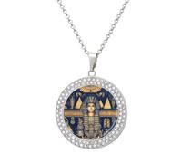 Egyptian Tradition Pattern Fashion Necklace Chain Round Graphic Pendant with Diamond Jewellery Silver-style